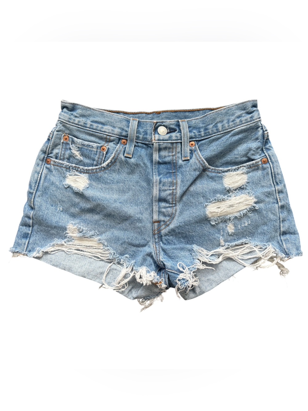Levi’s 501 Distressed Denim Shorts, Hi-Rise, medium wash. Size 26